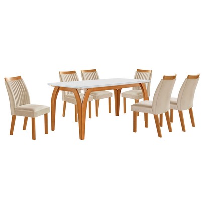 Mesa de Jantar 6 Lugares Agata com Vidro Castanho/Cinamomo/Suede Creme - Lj Móveis