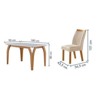 Mesa de Jantar 6 Lugares Agata com Vidro Castanho/Cinamomo/Suede Creme - Lj Móveis