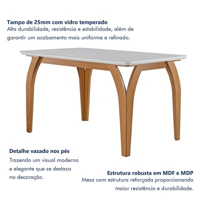 Mesa de Jantar 6 Lugares Agata com Vidro Castanho/Cinamomo/Suede Creme - Lj Móveis