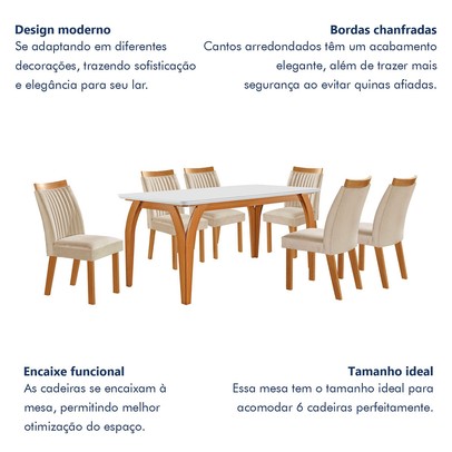 Mesa de Jantar 6 Lugares Agata com Vidro Castanho/Cinamomo/Suede Creme - Lj Móveis