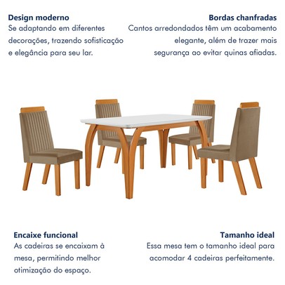 Mesa de Jantar 4 Lugares Agata com Vidro Castanho/Cinamomo/Suede Capuccino 17386 - Lj Móveis