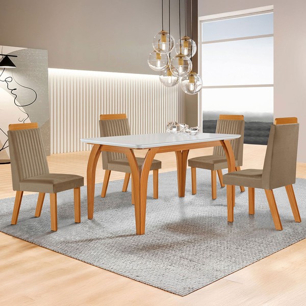 Mesa de Jantar 4 Lugares Agata com Vidro Castanho/Cinamomo/Suede Capuccino 17386 - Lj Móveis