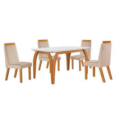 Mesa de Jantar 4 Lugares Agata com Vidro Castanho/Cinamomo/Suede Creme 17386 - Lj Móveis