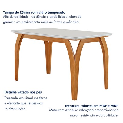 Mesa de Jantar 4 Lugares Agata com Vidro Castanho/Cinamomo/Suede Creme 17386 - Lj Móveis