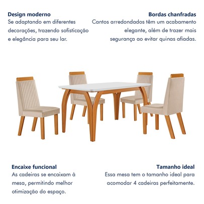 Mesa de Jantar 4 Lugares Agata com Vidro Castanho/Cinamomo/Suede Creme 17386 - Lj Móveis