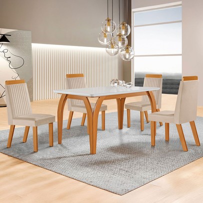 Mesa de Jantar 4 Lugares Agata com Vidro Castanho/Cinamomo/Suede Creme 17386 - Lj Móveis