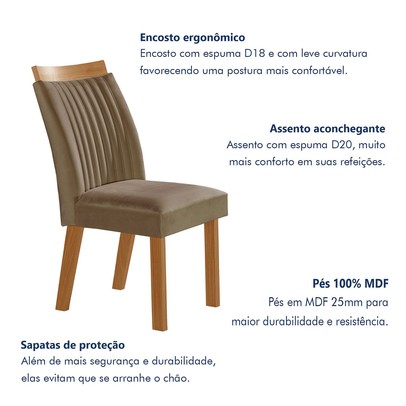 Mesa de Jantar 4 Lugares Agata com Vidro Castanho/Cinamomo/Suede Capuccino 17367 - Lj Móveis