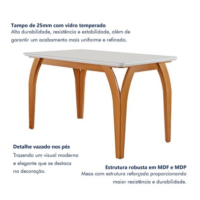 Mesa de Jantar 4 Lugares Agata com Vidro Castanho/Cinamomo/Suede Capuccino 17367 - Lj Móveis