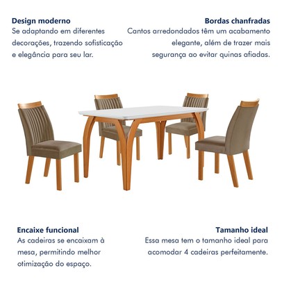 Mesa de Jantar 4 Lugares Agata com Vidro Castanho/Cinamomo/Suede Capuccino 17367 - Lj Móveis