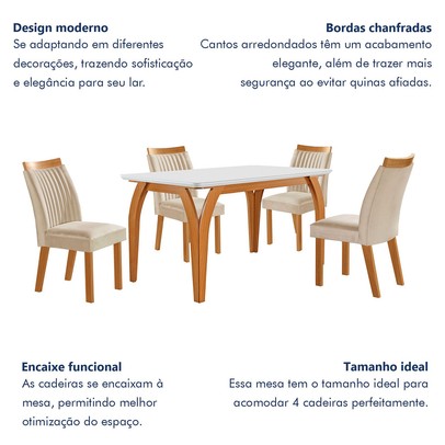 Mesa de Jantar 4 Lugares Agata com Vidro Castanho/Cinamomo/Suede Creme 17367 - Lj Móveis