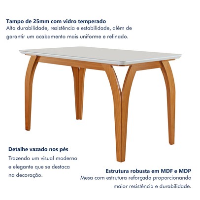 Mesa de Jantar 4 Lugares Agata com Vidro Castanho/Cinamomo/Suede Creme 17367 - Lj Móveis