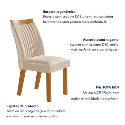 Mesa de Jantar 4 Lugares Agata com Vidro Castanho/Cinamomo/Suede Creme 17367 - Lj Móveis
