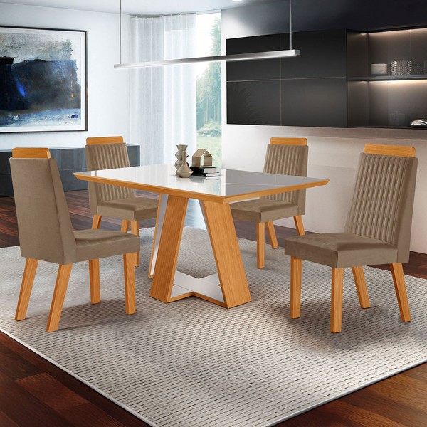 Mesa de Jantar 4 Lugares Viena com Vidro Castanho/Cinamomo/Suede Capuccino - Lj Móveis