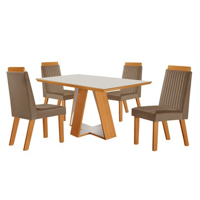Mesa de Jantar 4 Lugares Viena com Vidro Castanho/Cinamomo/Suede Capuccino - Lj Móveis