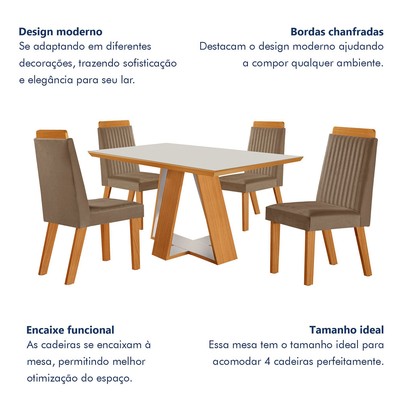 Mesa de Jantar 4 Lugares Viena com Vidro Castanho/Cinamomo/Suede Capuccino - Lj Móveis