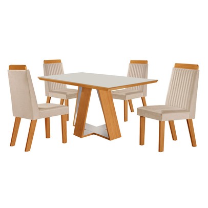 Mesa de Jantar 4 Lugares Viena com Vidro Castanho Cinamomo/Suede Creme - Lj Móveis