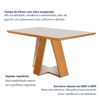 Mesa de Jantar 4 Lugares Viena com Vidro Castanho Cinamomo/Suede Creme - Lj Móveis