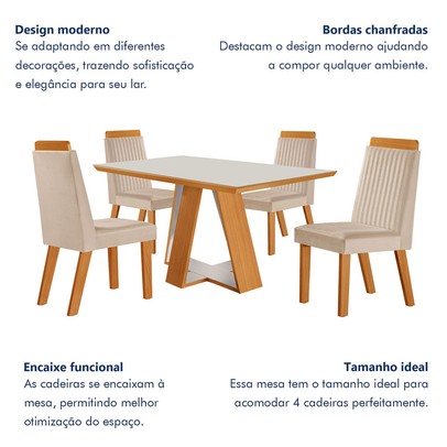 Mesa de Jantar 4 Lugares Viena com Vidro Castanho Cinamomo/Suede Creme - Lj Móveis