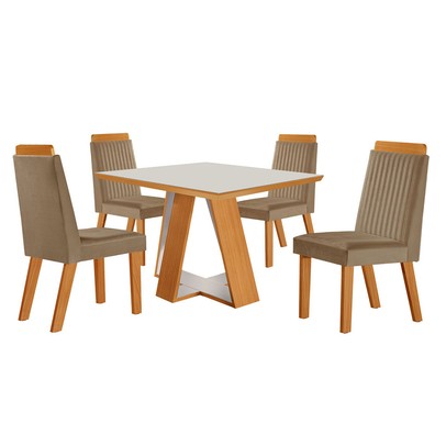 Mesa de Jantar 4 Lugares Viena com Vidro Castanho/Cinamomo/Suede Capuccino 17654 - Lj Móveis