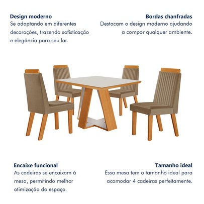 Mesa de Jantar 4 Lugares Viena com Vidro Castanho/Cinamomo/Suede Capuccino 17654 - Lj Móveis