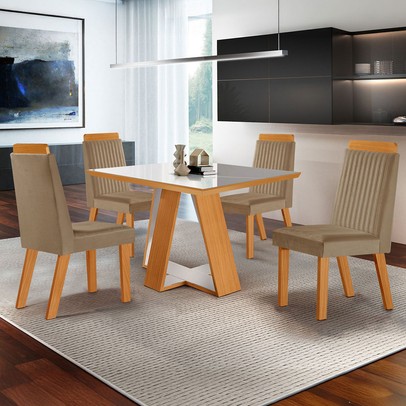 Mesa de Jantar 4 Lugares Viena com Vidro Castanho/Cinamomo/Suede Capuccino 17654 - Lj Móveis
