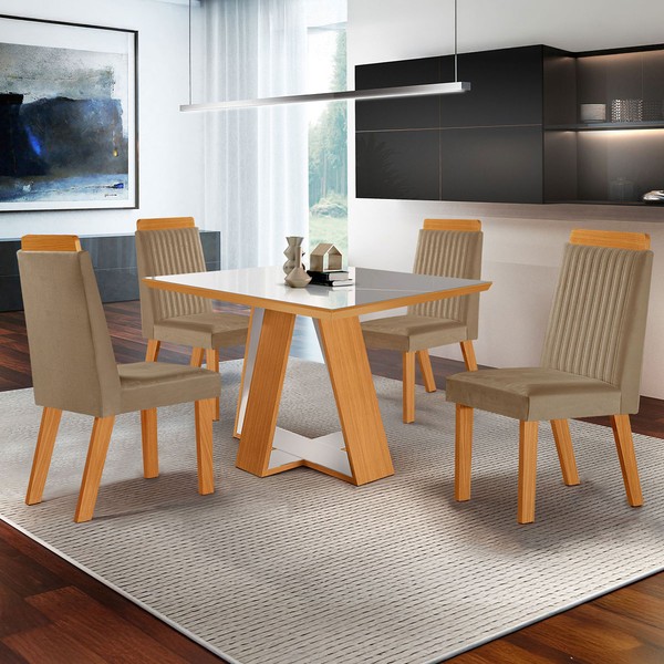 Mesa de Jantar 4 Lugares Viena com Vidro Castanho/Cinamomo/Suede Capuccino 17654 - Lj Móveis