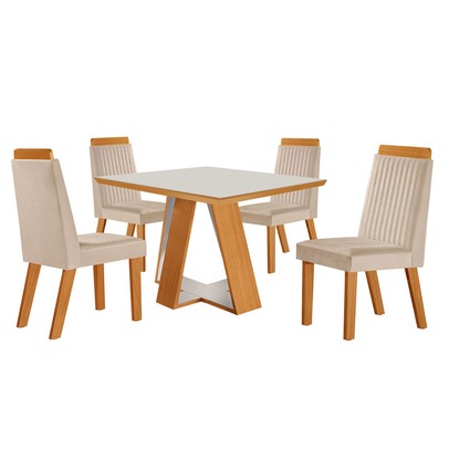Mesa de Jantar 4 Lugares Viena com Vidro Castanho Cinamomo/Suede Creme 17654 - Lj Móveis