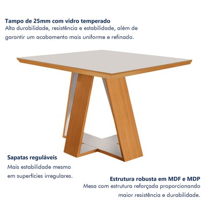 Mesa de Jantar 4 Lugares Viena com Vidro Castanho Cinamomo/Suede Creme 17654 - Lj Móveis