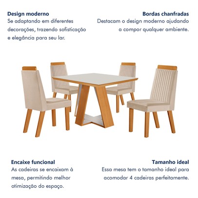 Mesa de Jantar 4 Lugares Viena com Vidro Castanho Cinamomo/Suede Creme 17654 - Lj Móveis