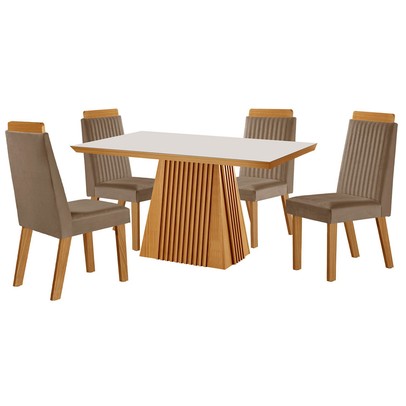 Mesa de Jantar 4 Lugares Austria Ripado com Vidro Castanho/Cinamomo/Suede Capuccino - Lj Móveis