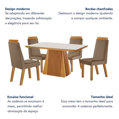 Mesa de Jantar 4 Lugares Austria Ripado com Vidro Castanho/Cinamomo/Suede Capuccino - Lj Móveis
