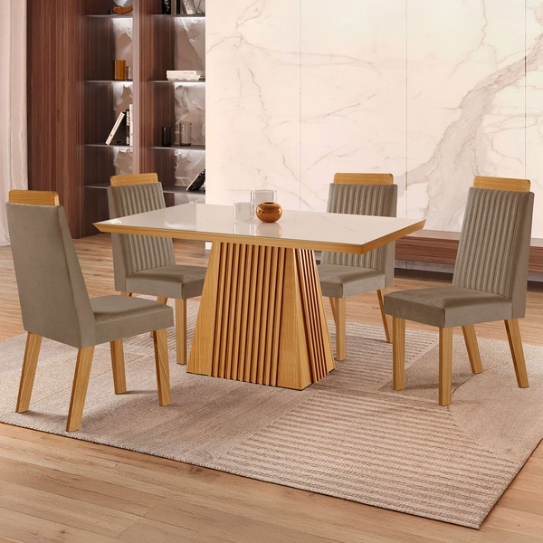 Mesa de Jantar 4 Lugares Austria Ripado com Vidro Castanho/Cinamomo/Suede Capuccino - Lj Móveis