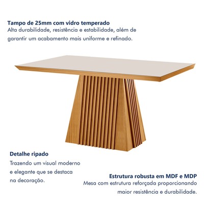 Mesa de Jantar 4 Lugares Austria Ripado com Vidro Castanho/Cinamomo/Suede Capuccino - Lj Móveis