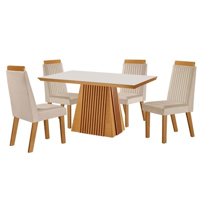Mesa de Jantar 4 Lugares Austria Ripado com Vidro Castanho/Cinamomo/Suede Creme - Lj Móveis