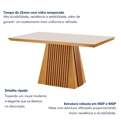Mesa de Jantar 4 Lugares Austria Ripado com Vidro Castanho/Cinamomo/Suede Creme - Lj Móveis