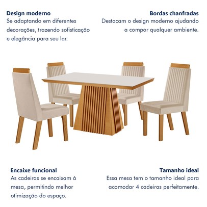 Mesa de Jantar 4 Lugares Austria Ripado com Vidro Castanho/Cinamomo/Suede Creme - Lj Móveis