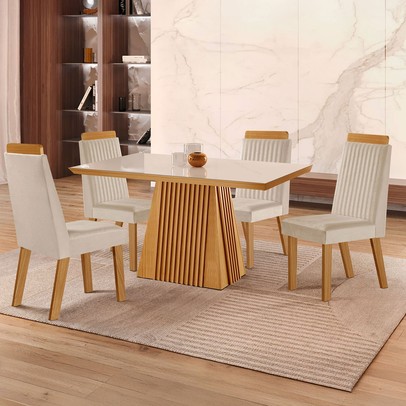 Mesa de Jantar 4 Lugares Austria Ripado com Vidro Castanho/Cinamomo/Suede Creme - Lj Móveis