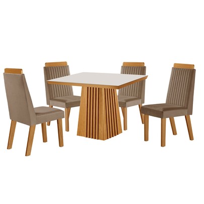 Mesa de Jantar 4 Lugares Austria Ripado com Vidro Castanho/Cinamomo/Suede Capuccino 17656 - Lj Móveis