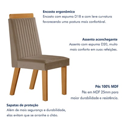 Mesa de Jantar 4 Lugares Austria Ripado com Vidro Castanho/Cinamomo/Suede Capuccino 17656 - Lj Móveis