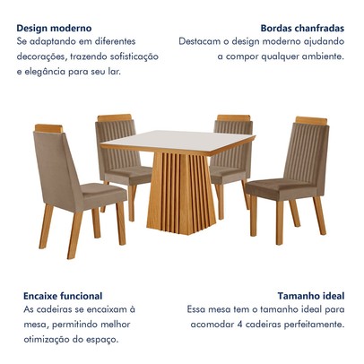 Mesa de Jantar 4 Lugares Austria Ripado com Vidro Castanho/Cinamomo/Suede Capuccino 17656 - Lj Móveis