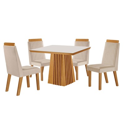 Mesa de Jantar 4 Lugares Austria Ripado com Vidro Castanho/Cinamomo/Suede Creme 17656 - Lj Móveis