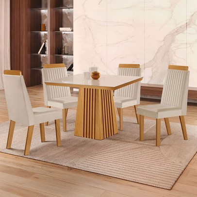 Mesa de Jantar 4 Lugares Austria Ripado com Vidro Castanho/Cinamomo/Suede Creme 17656 - Lj Móveis