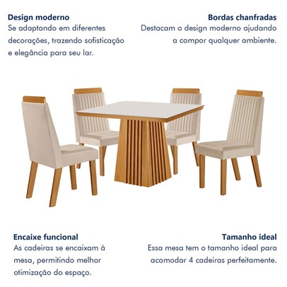 Mesa de Jantar 4 Lugares Austria Ripado com Vidro Castanho/Cinamomo/Suede Creme 17656 - Lj Móveis