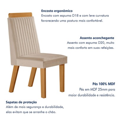 Mesa de Jantar 4 Lugares Austria Ripado com Vidro Castanho/Cinamomo/Suede Creme 17656 - Lj Móveis