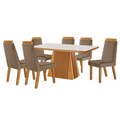 Mesa de Jantar 4 Lugares Austria Ripado com Vidro Castanho/Cinamomo/Suede Capuccino 17658 - Lj Móveis