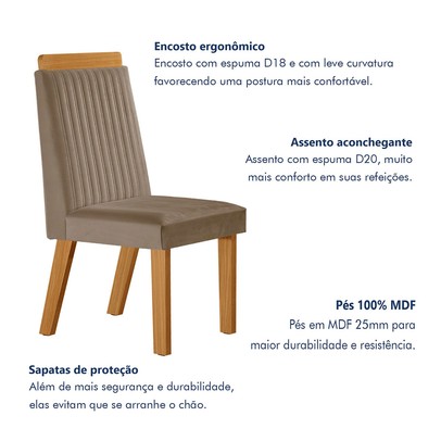 Mesa de Jantar 4 Lugares Austria Ripado com Vidro Castanho/Cinamomo/Suede Capuccino 17658 - Lj Móveis