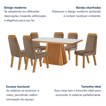 Mesa de Jantar 4 Lugares Austria Ripado com Vidro Castanho/Cinamomo/Suede Capuccino 17658 - Lj Móveis