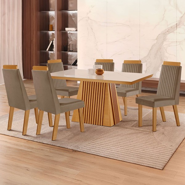 Mesa de Jantar 4 Lugares Austria Ripado com Vidro Castanho/Cinamomo/Suede Capuccino 17658 - Lj Móveis