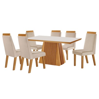 Mesa de Jantar 4 Lugares Austria Ripado com Vidro Castanho/Cinamomo/Suede Creme 17658 - Lj Móveis