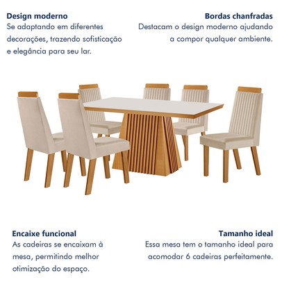 Mesa de Jantar 4 Lugares Austria Ripado com Vidro Castanho/Cinamomo/Suede Creme 17658 - Lj Móveis
